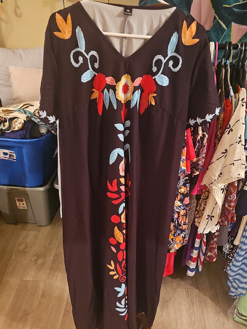 Faux Embroidered V-Neck Maxi Dress - Black with Multicolor Floral Accents